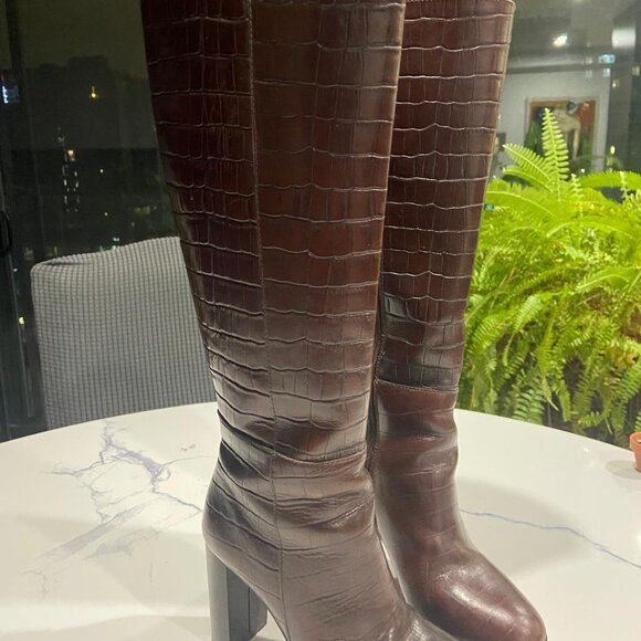 Brown Tall Leather Boots – Croc-Embossed – Block Heel – Almost New - Picture 1 of 5